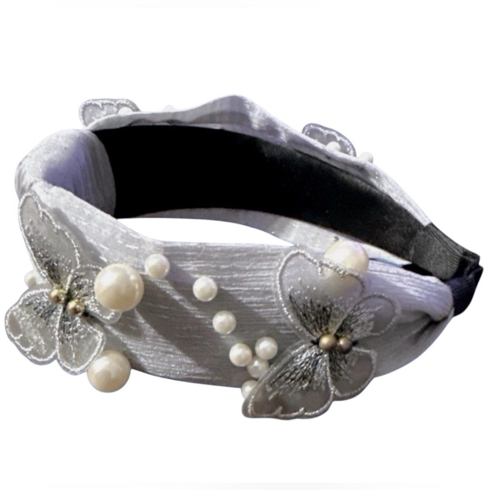 Elegant Silver & light Blue Headband with Pearls and Butterfly Accents